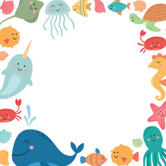 Decorative frame with cheerful sea creatures and ocean elements. Colorful border with whale, narwhal, jellyfish, stingray, turtle, seahorse, octopus © Olga Dykun