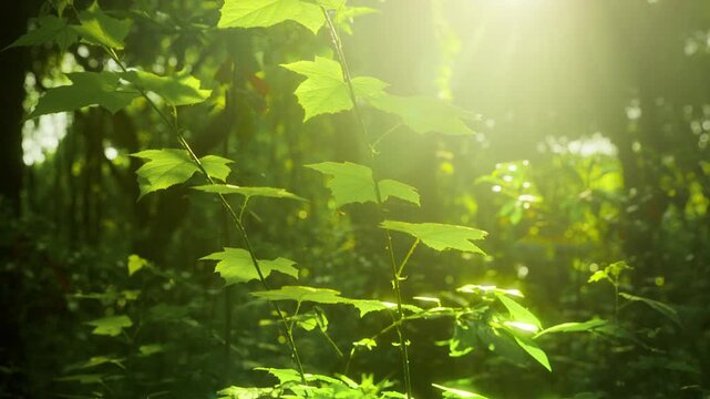 Bright Sunlight on Green Forest Leaves
