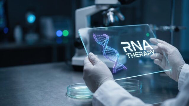 Innovative RNA Therapy Concept on Digital Tablet Over Petri Dish in Laboratory Setting