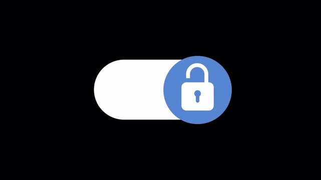 Lock and unlock button toggle switch animation on black background. Alpha channel. Security lock UI switch  toogle. 4k animation video