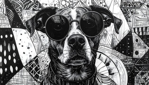 A dog wearing sunglasses in a black and white abstract background illustration ai generative