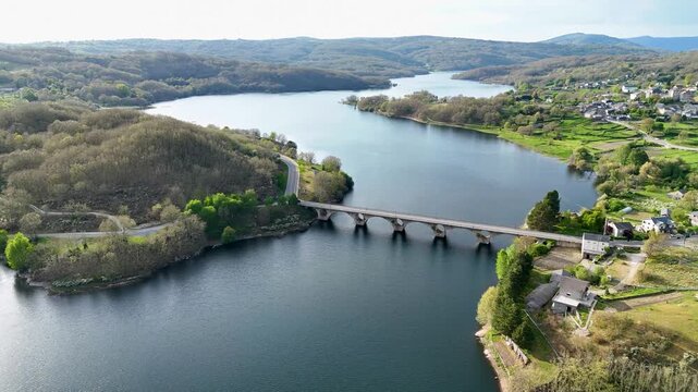 Aerial view of prada reservoir bridge crossing a veiga