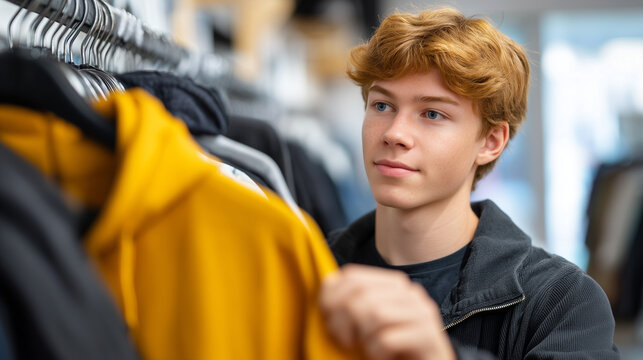 Teen boy in thrift store dressing room holds two very different jacket styles outward, studying reflection with concentrated uncertainty, fluorescent overhead light, ideal for teen self-discovery, p