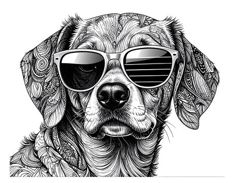 Black and white illustration of a dog wearing sunglasses isolated on white background ai generative