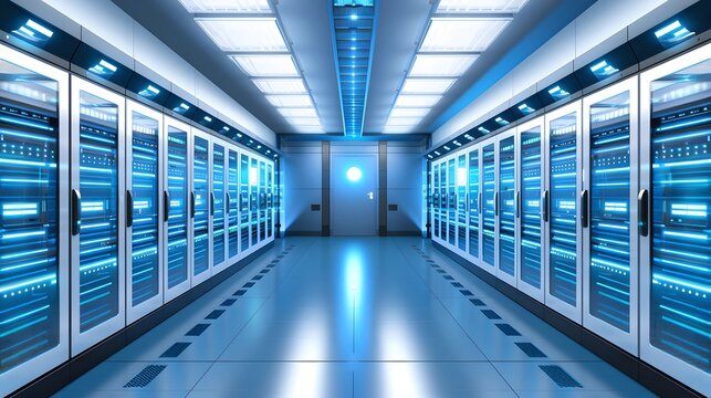 Modern Data Center Server Room with High Tech Network Infrastructure and Cloud Computing Technology