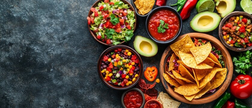 Mexican appetisers on a dark table provide a striking backdrop for restaurant menus, recipes and advertisements for Latin American cuisine.