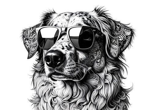 Black and white illustration of a dog wearing sunglasses isolated on white background ai generative
