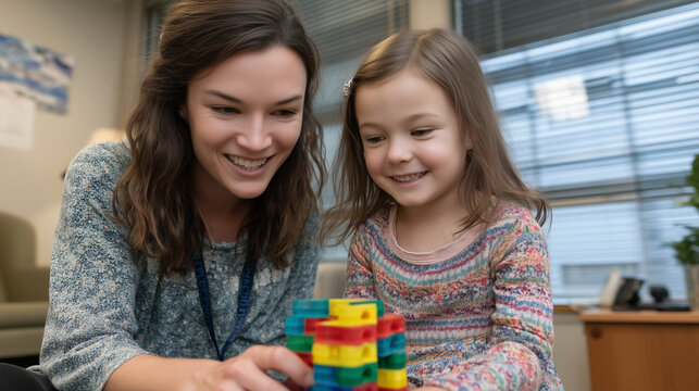 Child trauma counselor and young girl build block tower together on therapy room carpet, girl's posture opening gradually, modest clinical space, spring light through blinds, perfect for childhood h
