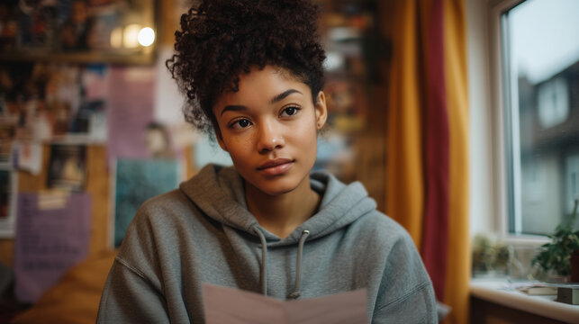 Teen girl practices spoken word in front of bedroom mirror, paper shaking slightly in hands, overcast window behind her, posters about mental health awareness taped to wall, ideal for teen self-expr