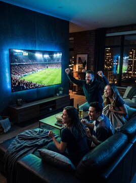 Friends gather to watch a sports game, feeling the excitement, with drinks in hand and cheering at a TV