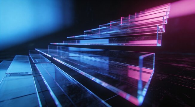 Premium enterprise technology background with layered transparent panels in diagonal architectural rhythm, blue and magenta lighting, glossy black setting and wide hero banner copy space