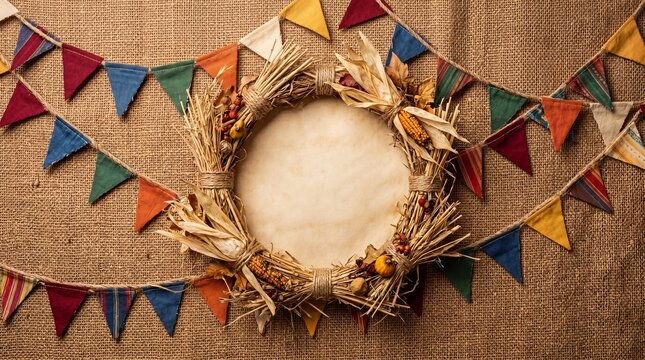 Festive fall wreath and colorful pennant banners on a rustic background. The wreath is made from wheat, corn, and a paper in the center. The banner add a vibrant splash of color