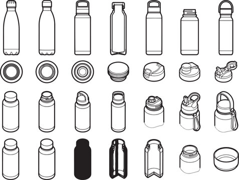 A collection of modern sleek water bottles, diverse shapes and design, ideal for hydration and an active lifestyle.