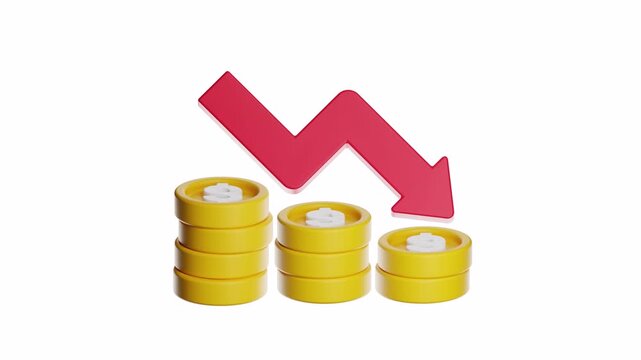 3d looping ui icon stacked coins with a red arrow down, ideal for financial concepts, portraying decline in markets, savings strategies, budgeting illustrations.
