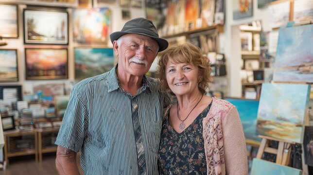 Elderly couple smiling in art gallery close-up portrait