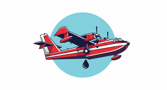 Red twin-engine seaplane dropping water against blue circle