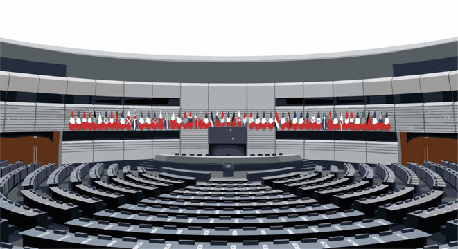 Pixelated interior of a parliamentary chamber with rows of seats and flags