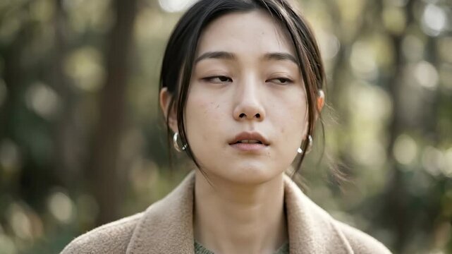 A contemplative woman looks thoughtfully into the distance, framed against a soft background of foliage, conveying a sense of inner reflection.