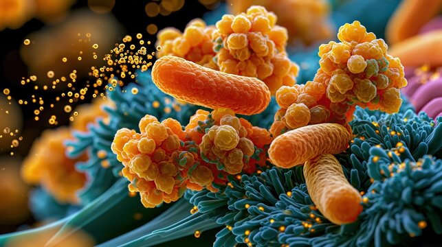 Scanning electron microscopy SEM image style of gut bacteria Escherichia coli and Enterobacter aerogenes producing trimethylamine on intestinal epithelial surface