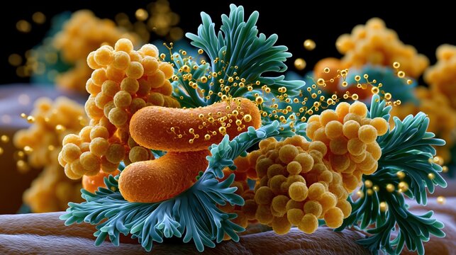 Scanning electron microscopy SEM image style of gut bacteria Escherichia coli and Enterobacter aerogenes producing trimethylamine on intestinal epithelial surface