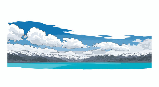 Pixelated mountain range bordering a bright turquoise lake under cloudy skies