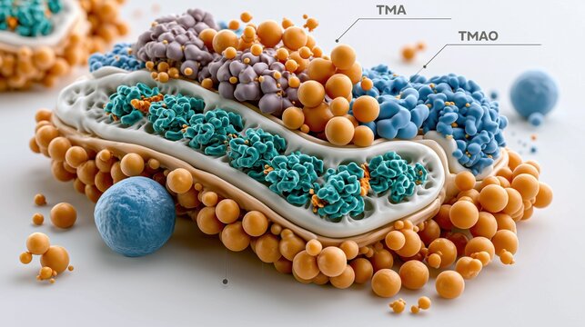 Trimethylaminuria: medical illustration, hepatocyte cross-section with ER showing FMO3 (teal), mutated FMO3 (gray), TMA accumulation (orange), TMAO (blue)