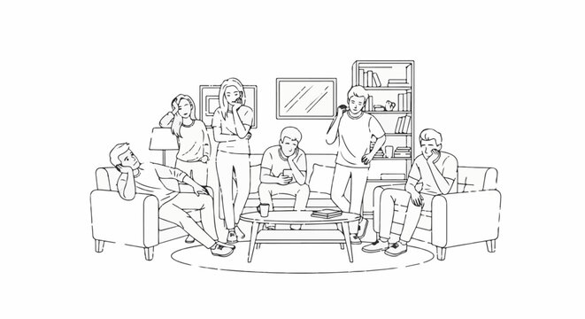 People on phones in a living room, looking bored and disconnected from each other