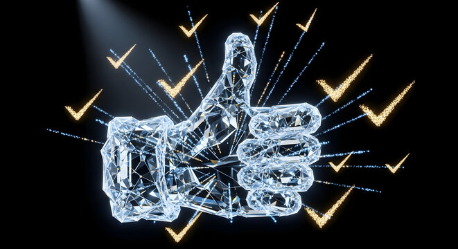 3D digital illustration of a thumbs-up gesture surrounded by glowing checkmarks on a dark background, symbolizing approval and success in technology and online feedback