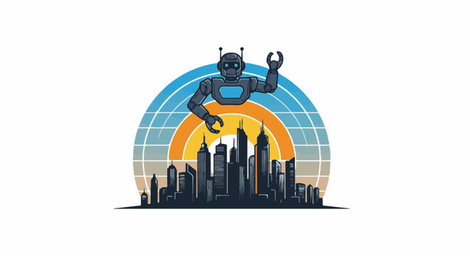 Robot above cityscape with retro-style rainbow background