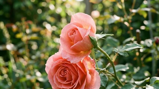 Two delicate roses, their velvety petals kissed by morning dew, bloom amidst a vibrant garden, exuding beauty and serenity. The soft focus and natural lighting evoke a sense of calm and romance.
