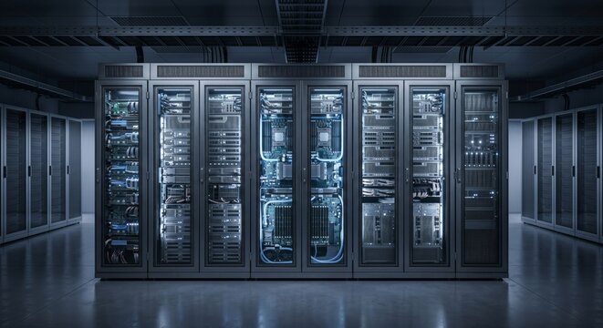 Data center server room with advanced compute cluster and glass doors