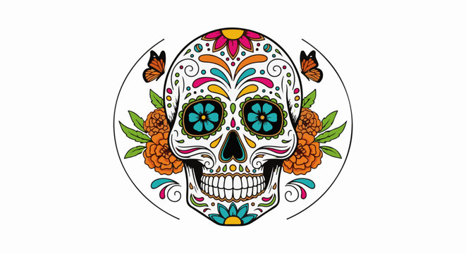 Ornate skull adorned with vibrant flowers, butterflies, and intricate patterns