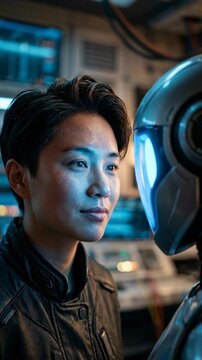 A futuristic scene of a human and advanced robot in an indoor environment, exuding anticipation, innovation, and technological advancement, in a moment of eye contact. 