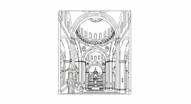 Ornate church interior with grand dome, arches, altar, and pulpit