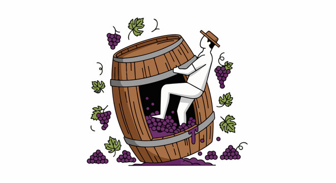 Person stomping grapes inside a wooden barrel, surrounded by grape clusters and leaves