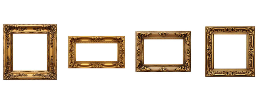 Collection of ornate antique golden picture frames on transparent background