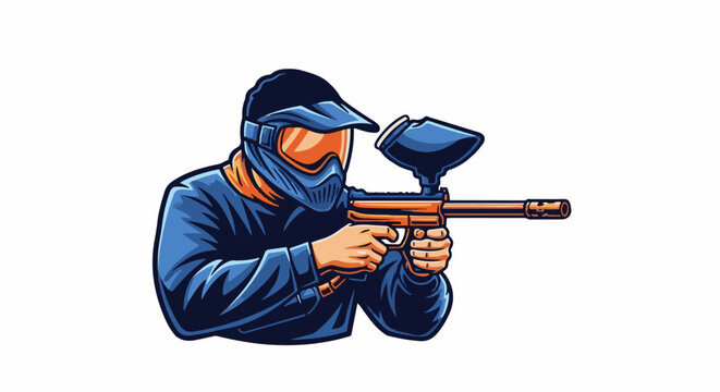 Person in protective gear holding a paintball gun, aiming forward
