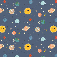 Cute Space Seamless Pattern with Planet Characters. Vector Galaxy Background with Sun, Earth, Saturn and Stars for Kids Nursery, Textile and Baby Design. © AnnRozz