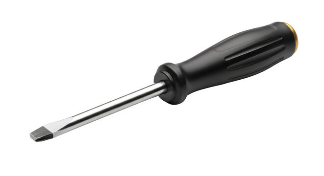 Black screwdriver with metal shaft isolated on transparent background. A black handled screwdriver with a metal shaft on a transparent background, ideal for use in marketing materials
