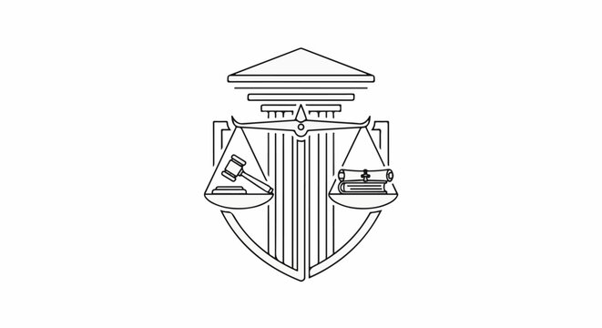 Outline of justice symbols scales, gavel, and books within architectural structure