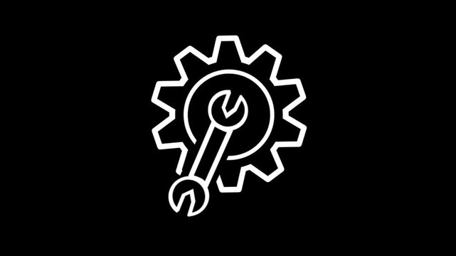 A white line animation of a gear with a wrench symbol on a black background.