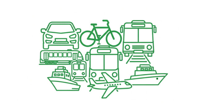 Various modes of transportation depicted in a simple green line art style.