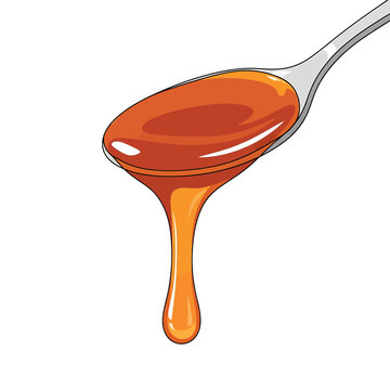 Amber honey or caramel sauce dripping from a metal spoon illustration