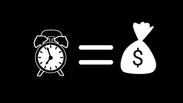 A white line icon animation showing an alarm clock equal to a money bag on a black background.