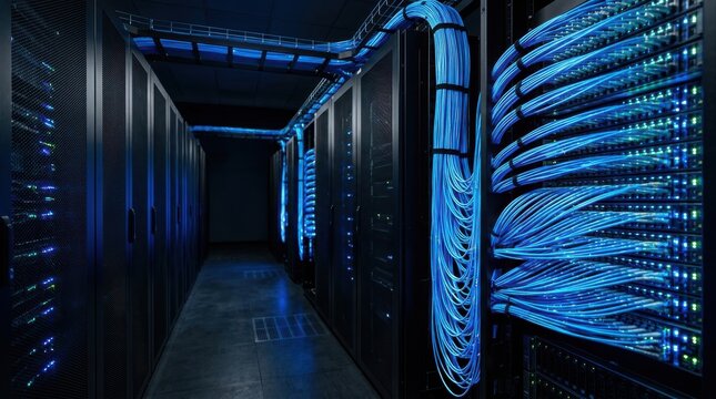 High Performance Data Center Server Rack with Organized Blue Ethernet Cabling for Cloud Computing and Enterprise Networking Website Banner Hero Header Wide Background