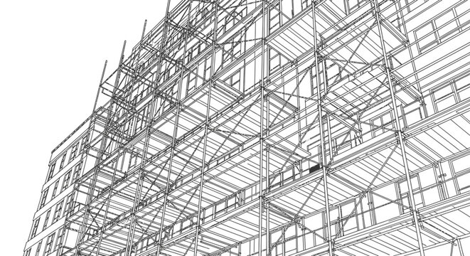 Construction scaffolding on building facade line art illustration