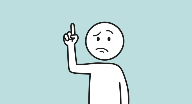 Sad stick figure person raising index finger, expressing an idea or a negative thought.