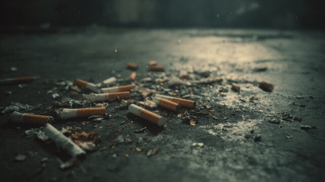 Cigarette butts scattered on dirty ground with ash