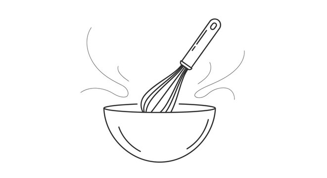 Hand whisk stirring ingredients in a mixing bowl, cooking baking process line art illustration.
