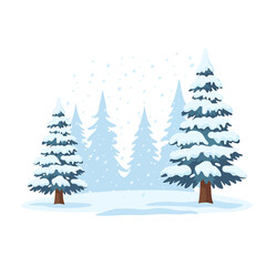 Obraz premium Winter pine forest with falling snow illustration